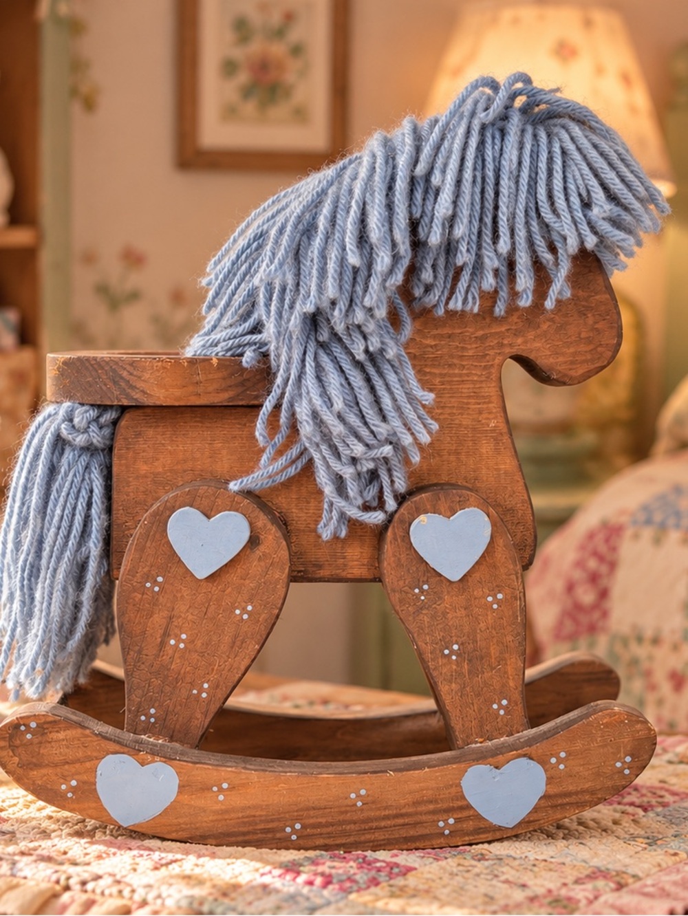 Handmade Wooden Rocking Horse | Blue Yarn Mane | Folk Art Cottage Decor